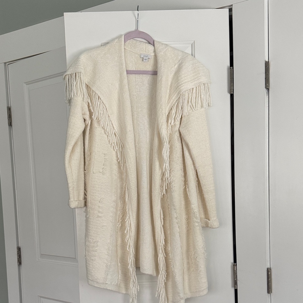 Open-Front Fringe Knit Cardigan - Cream